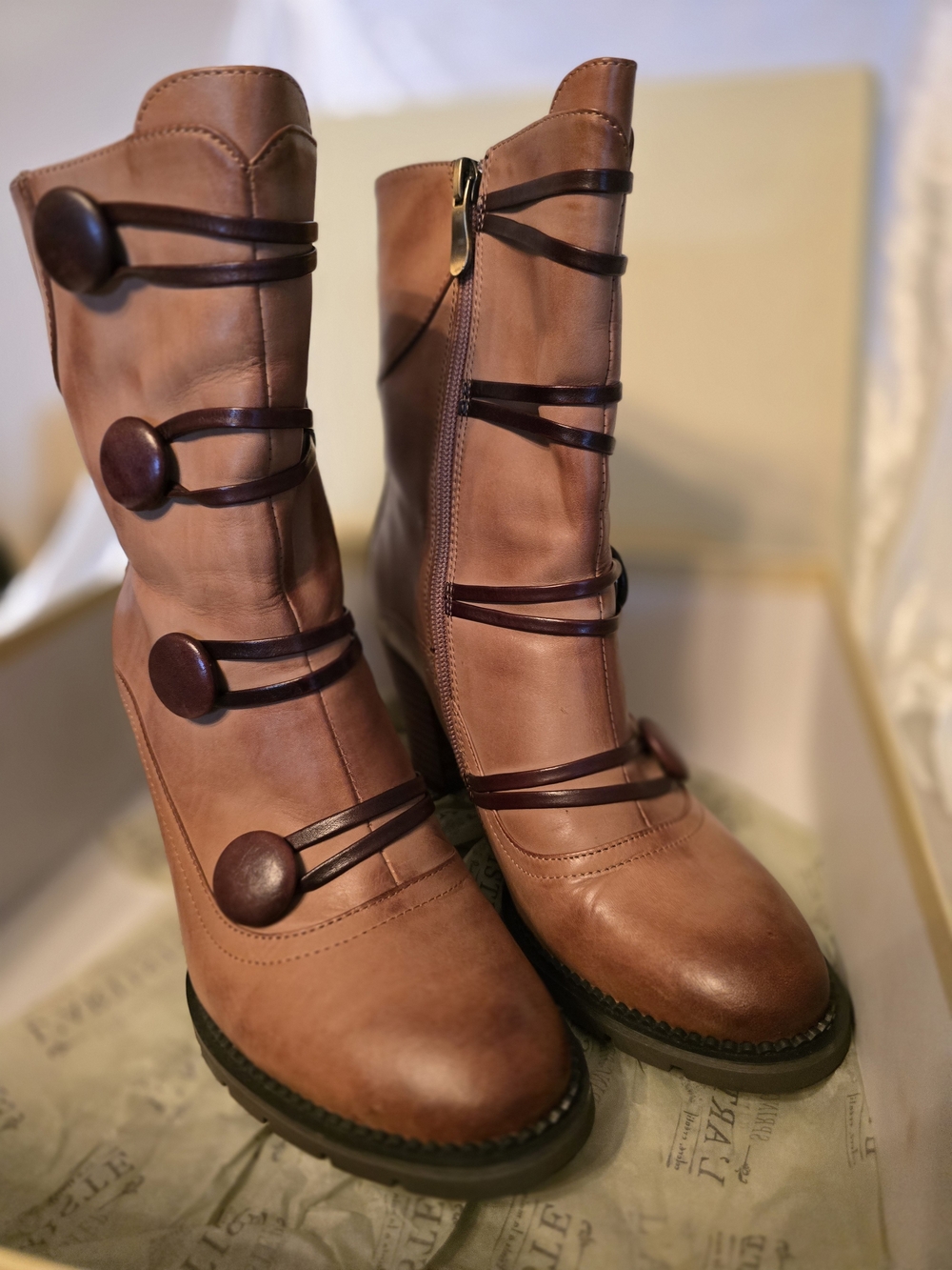 Women's Tan Leather Mid-Calf Boots with Decorative Straps
